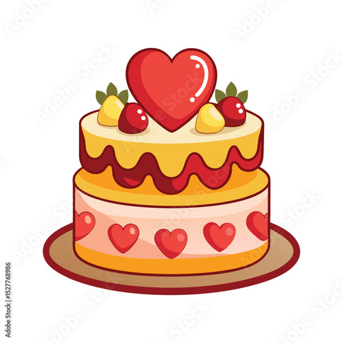 Two tiered festive cake with red hearts and decorative strawberries perfect for valentines day