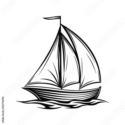 Vector illustration of a simple sailboat floating on water with flag design elements