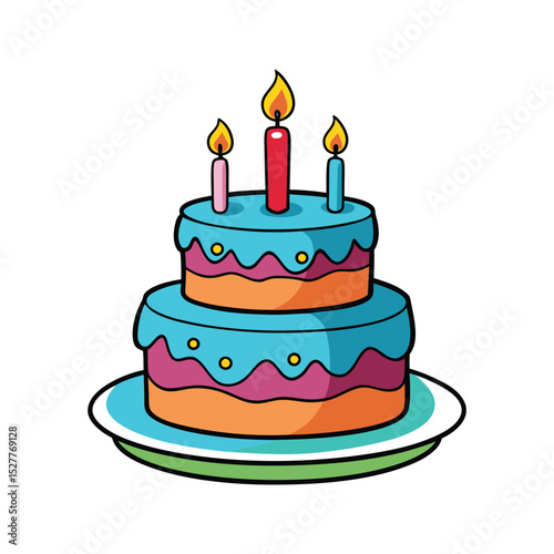 Vector illustration of a two-tiered birthday cake with lit candles and celebratory details