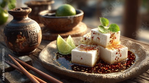 Delicious tofu cubes with chili flakes and soy sauce, Asian culinary delight