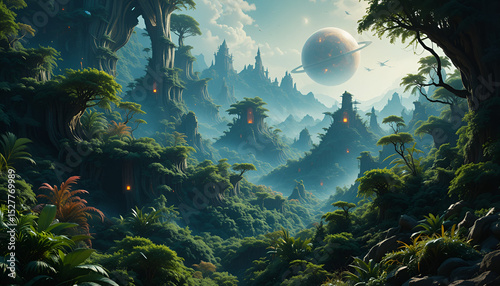 Digital artwork of a lush alien jungle world, captured from above with glowing ecosystems, orbiting stars, and surreal planetary terrain.