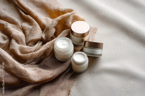 fresh flat lay of minimalist skincare jars on a muslin background