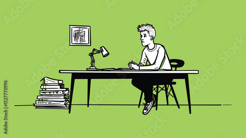 Student Studying at Desk with Lamp Vector Illustration
