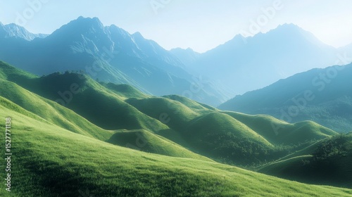 Mardi Himal in spring, green hills rolling into icy peaks under clear skies, tranquil wilderness, no people