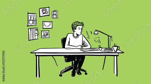 Student Studying at Desk with Lamp Vector Illustration