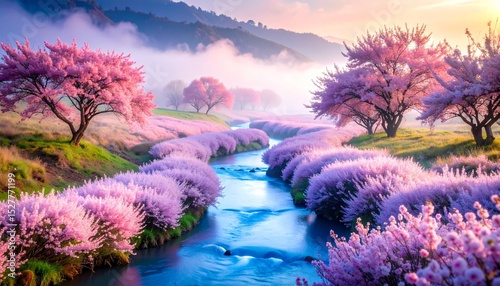 Powder blue stream winding through a pale rose valley, mist floating just above the water like breath in air