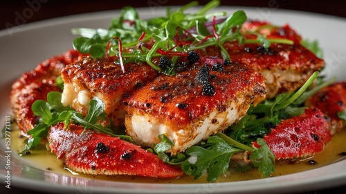 Seared fish fillet with red crustacean accent on a bed of fresh greens