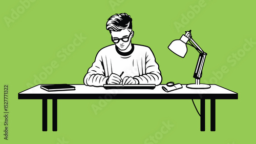 Student Studying at Desk with Lamp Vector Illustration