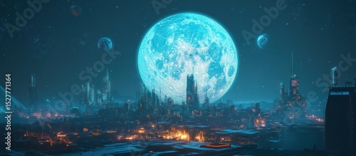 Futuristic city on a moonlit alien planet.