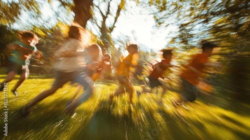 Children running in a park on a sunny day, motion blur.