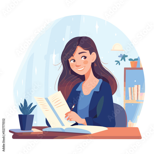 Smiling Girl Writing in Notebook at Desk Illustration
