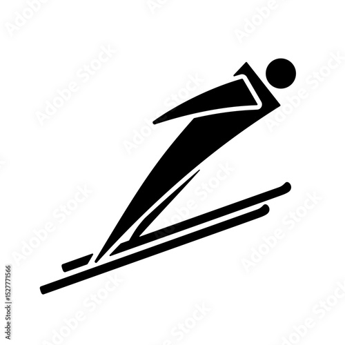 Men's ski jumping icon, black silhouette isolated on white. Ski jumper athlete in flight, ramp jumping, minimalist stencil sign. Vector clipart for sport design, winter games illustration.