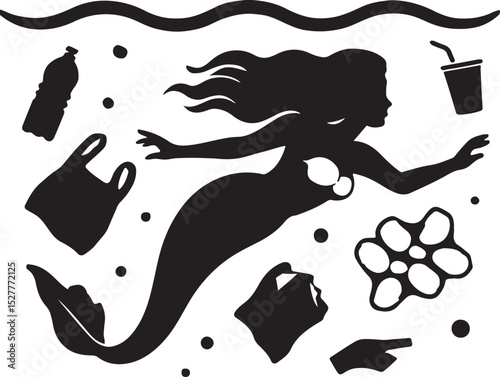 Mermaid swimming through a plastic-filled ocean.