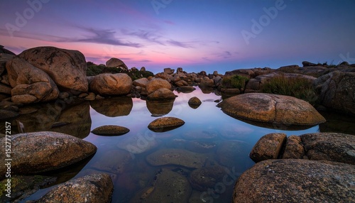 Iridescent reflections on a tidepool under twilight, stones glowing faintly in pastel hues beneath still water