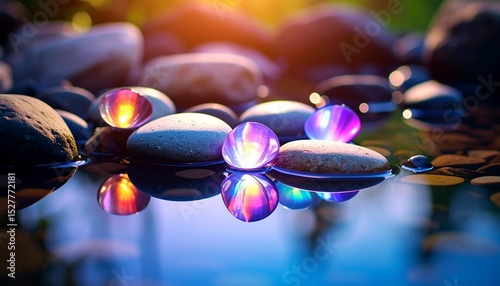 Iridescent reflections on a tidepool under twilight, stones glowing faintly in pastel hues beneath still water