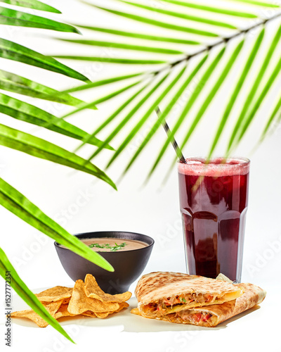 Mexican cuisine dishes, set lunch of quesadilla, mushroom soup, corn nachos chips and berry lemonade on white background
