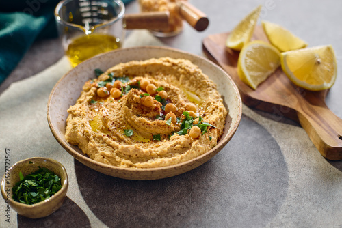 Delicious hummus with olive oil, chickpeas and parsley