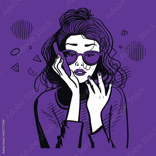 Curly Haired Woman Tangled in Telephone Cord Illustration