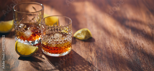 Glasses of whiskey with ice and lemon slices on a wooden table in the rays of light. Shallow depth of field