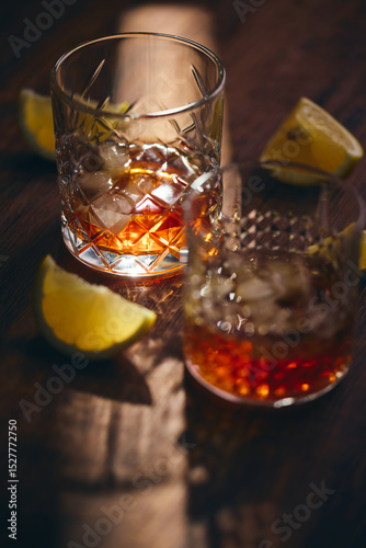 Glasses of whiskey with ice and lemon slices on a wooden table in the rays of light. Shallow depth of field, close up.