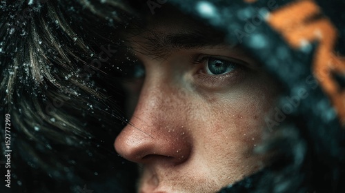 Intense portrait of a young man with mesmerizing blue eyes during a snowfall