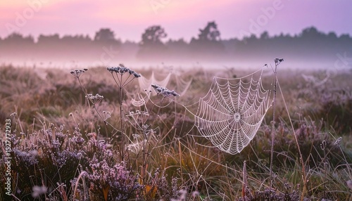 Frosted meadow under soft periwinkle light, gossamer webs catching the pale glow of an overcast morning 