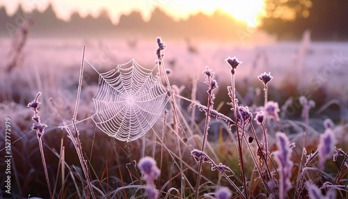 Frosted meadow under soft periwinkle light, gossamer webs catching the pale glow of an overcast morning 