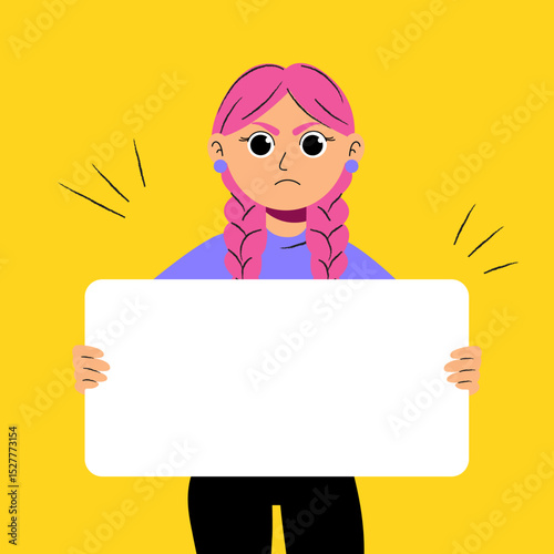 Sad cartoon girl with braided pink hair holding blank sign for text or message on yellow background