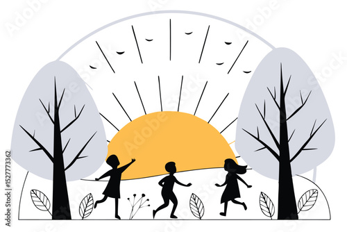 Silhouette artwork of children joyfully playing in a sunlit meadow a vibrant banner design for advertising