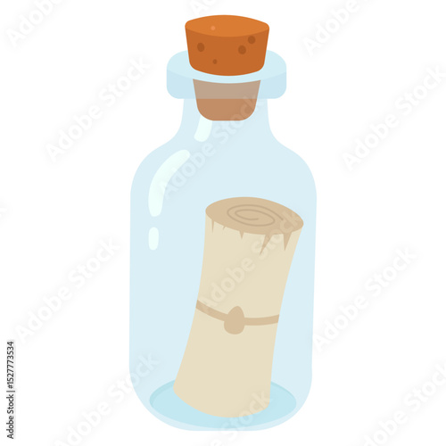 Message in bottle illustration. Vintage sealed scroll. Glass cork design