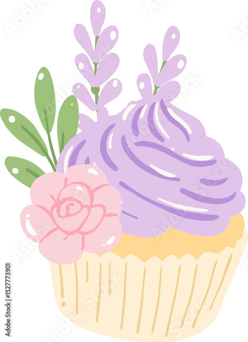 Floral Cupcake Illustration with Lavender and Rose
