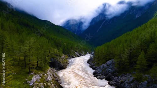 Aerial view of a river flowing through a valley with mountains and trees under a cloudy sky above it all
