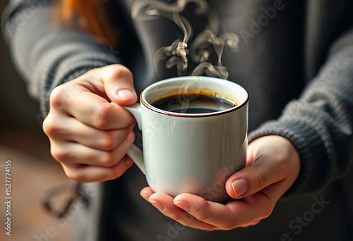 Close-up of hands holding a steaming coffee mug,  mug,   caffeinated beverage