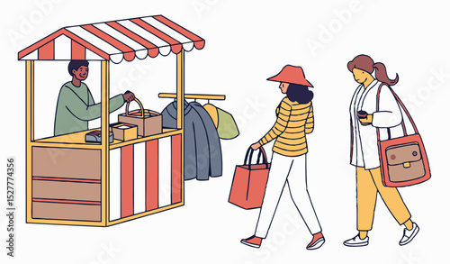 People in flea market sale vector illustration. Cartoon flat man woman shopper characters buy old secondhand clothes and accessories in city street bazaar with marketplace stall set isolated on white 