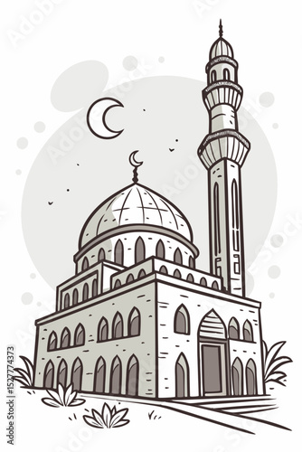 Mosque with crescent moon in hand drawn style. Vector illustration.