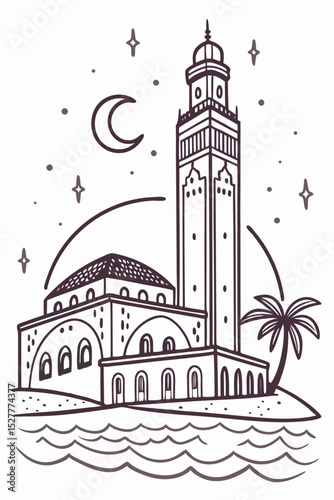 Vector illustration of mosque on the background of the moon and stars.