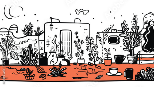 Garden Workshop Scene with Plants and Tools in Blue Line Art Style