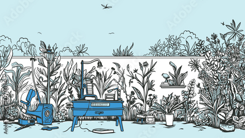 Garden Workshop Scene with Plants and Tools in Blue Line Art Style