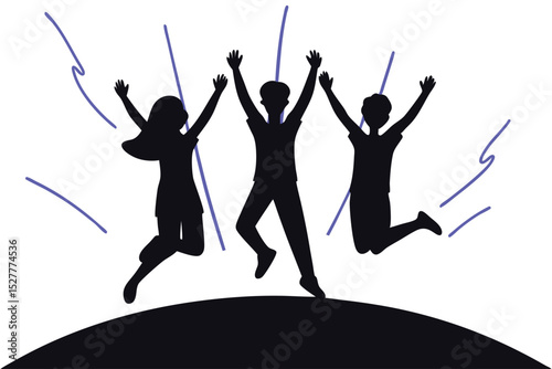 Silhouettes of joyful young adults leaping dynamically against a colorful background