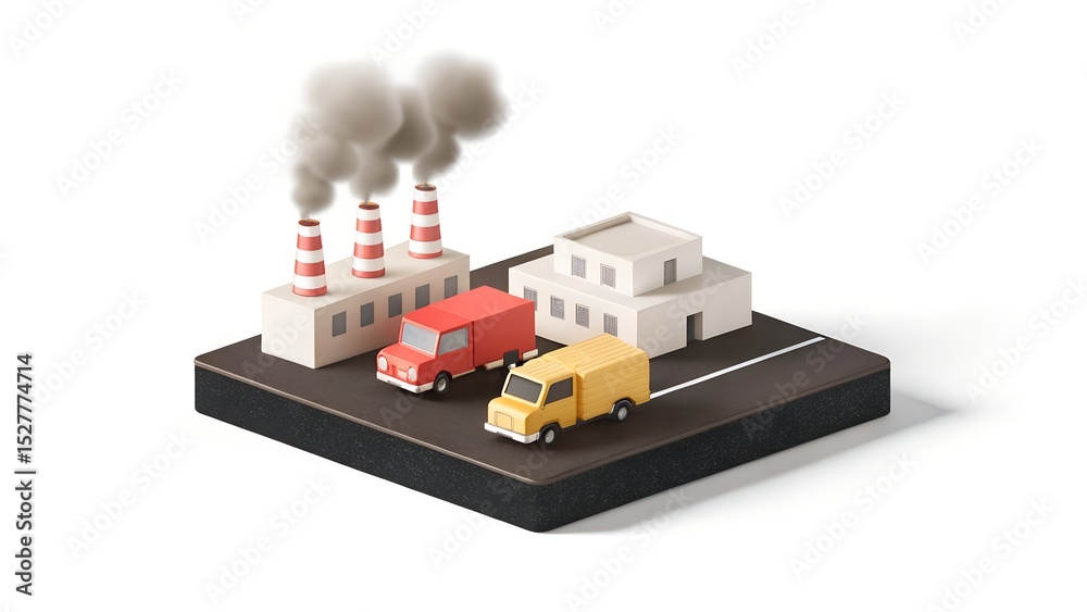 Air Pollution, industrial scene with factories and trucks, minimalistic design, production concept, copy space Air Pollution, industrial scene with factories and trucks, minimalistic design, production concept, copy space