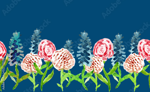 Watercolor seamless floral border with wildflowers in baby naive style isolated on blue background. Naive children style for printing, cover, reusable package, wrapping paper. 