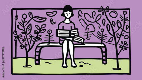 Woman Reading Book Alone in Garden Illustration