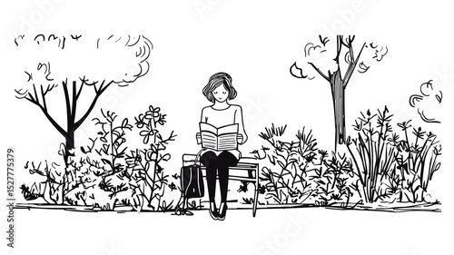 Woman Reading Book Alone in Garden- line art Illustration