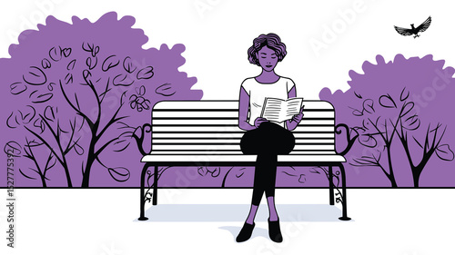 Woman Reading Book Alone in Garden Illustration