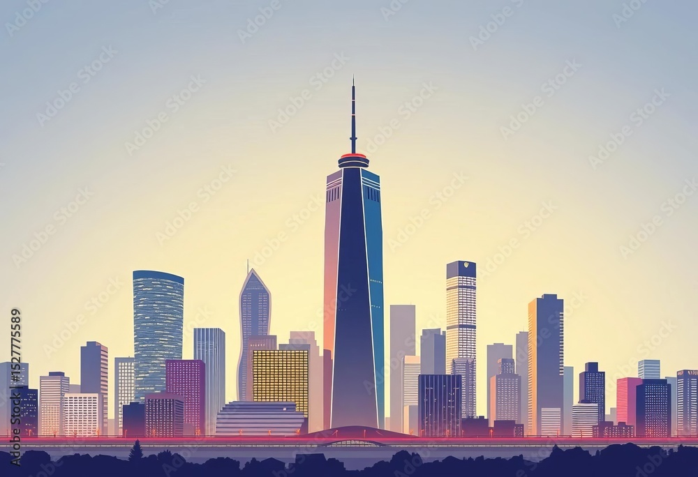 Fototapeta premium Minimalist cityscape vector illustration, simple skyscrapers, modern urban background, minimal illustration, city art