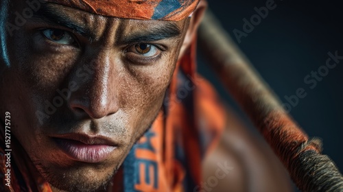 Intense gaze of a warrior with traditional headwear and battle fatigue