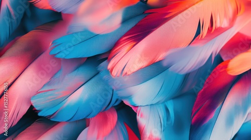 Close-up vibrant pink and blue feathers background texture.