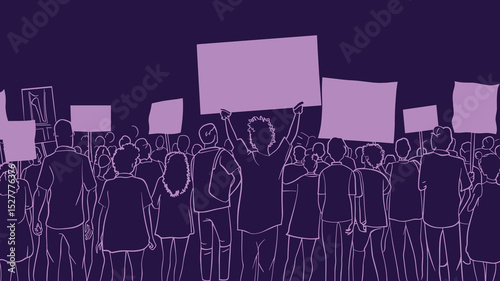 Minimalist Silhouette of Protest Crowd Holding Signs – Purple Outline Illustration
