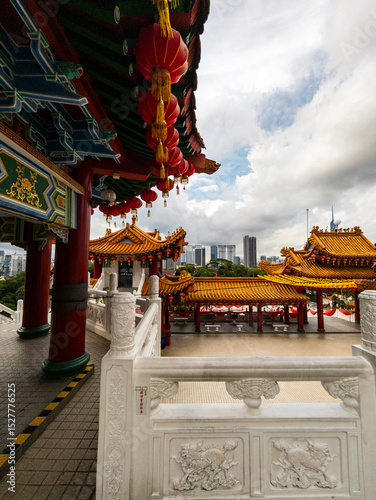 Urban skyline behind temple railing, Thean Hou Temple, Malaysia
