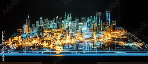 Illuminated city model on interactive display.